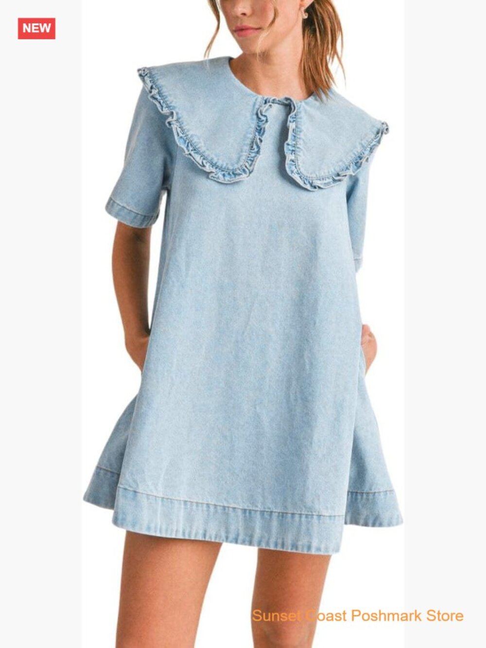 Short Sleeve Loose Fit Denim Mini Dress Peter Pan Collar Tunic Shift Jean Dress